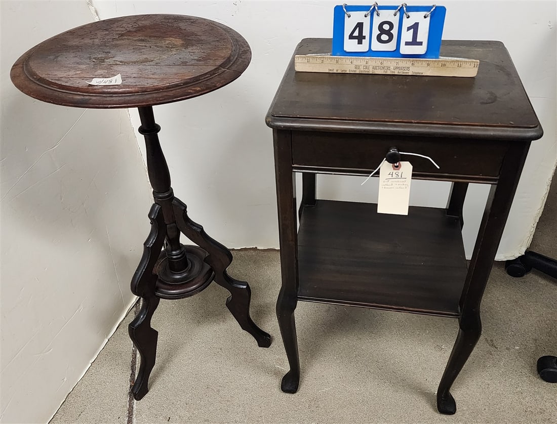 Victorian Walnut Stand 31 1/2" H X 16" Diam. + Mahogany 1 Drawer Stand 29 1/2" H X 16" W X 14 1/2" D: Victorian Walnut Stand 31 1/2" H X 16" Diam. + Mahogany 1 Drawer Stand 29 1/2" H X 16" W X 14 1/2" D