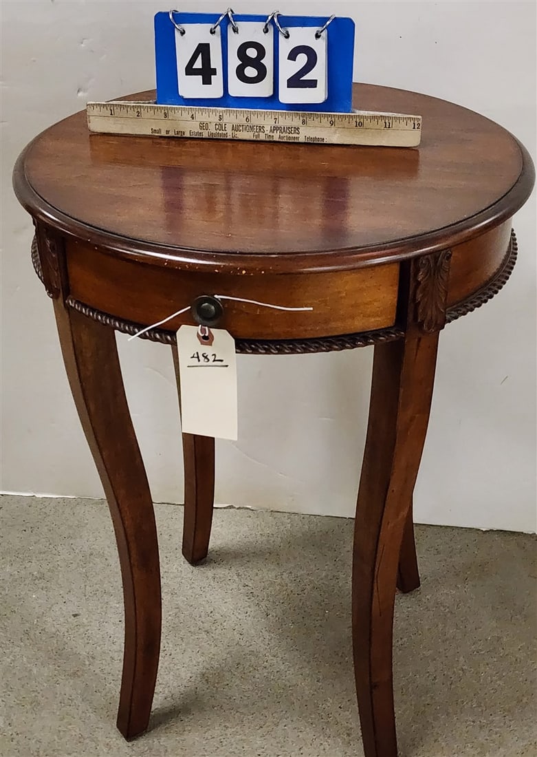 Mahogany 1 Drawer Stand 24 1/2" H X 18" Diam.: Mahogany 1 Drawer Stand 24 1/2" H X 18" Diam.