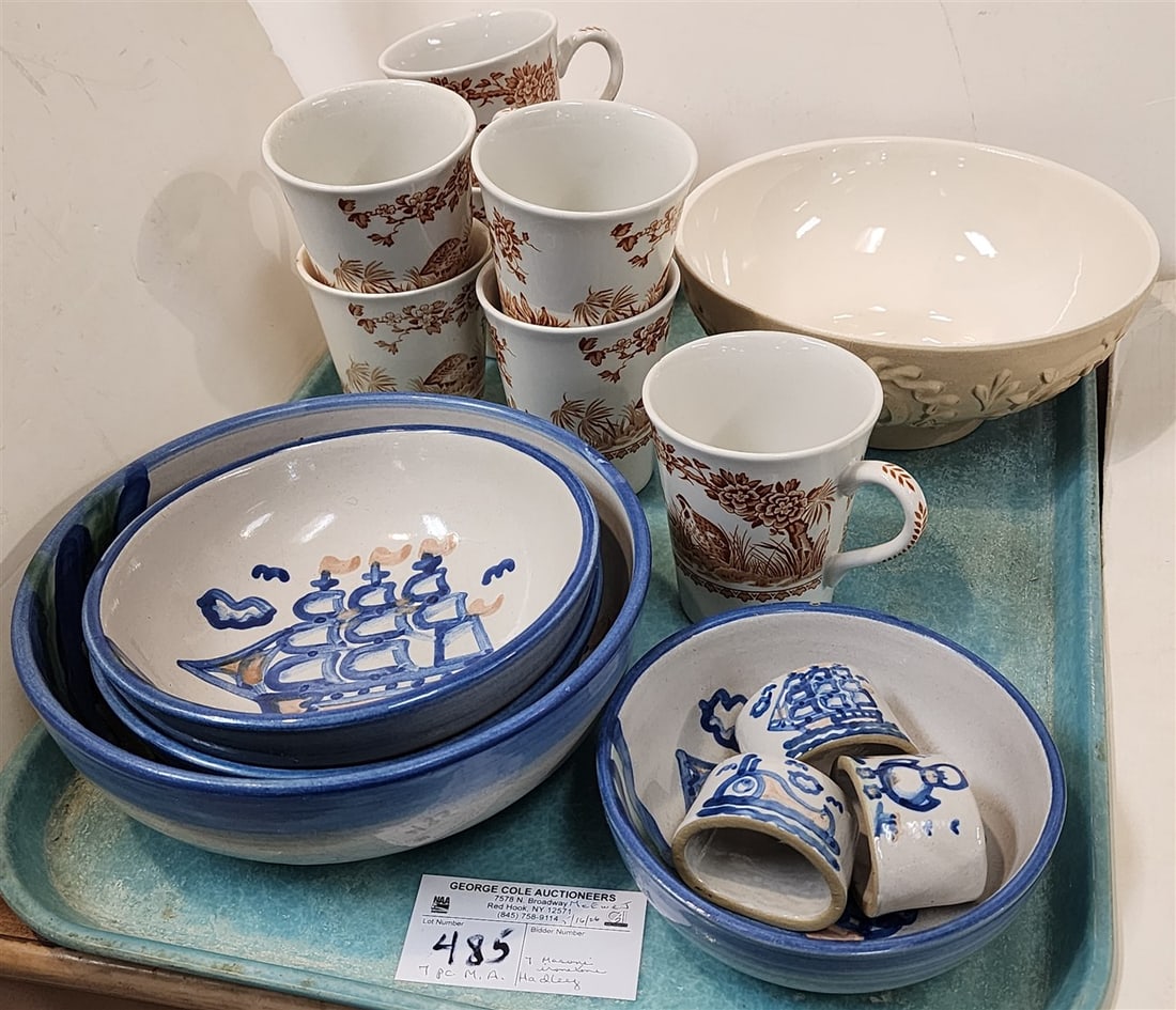 Tray 4 M.A. Hadley Bowls - 3" H X 8" Diam., 2- 2" H X 6 3/4" Diam., 2" H X 5 1/2" Diam. + 3 Napkin: Tray 4 M.A. Hadley Bowls - 3" H X 8" Diam., 2- 2" H X 6 3/4" Diam., 2" H X 5 1/2" Diam. + 3 Napkin Rings + 7 Masons Ironstone 'Quail' Cups, Etc.