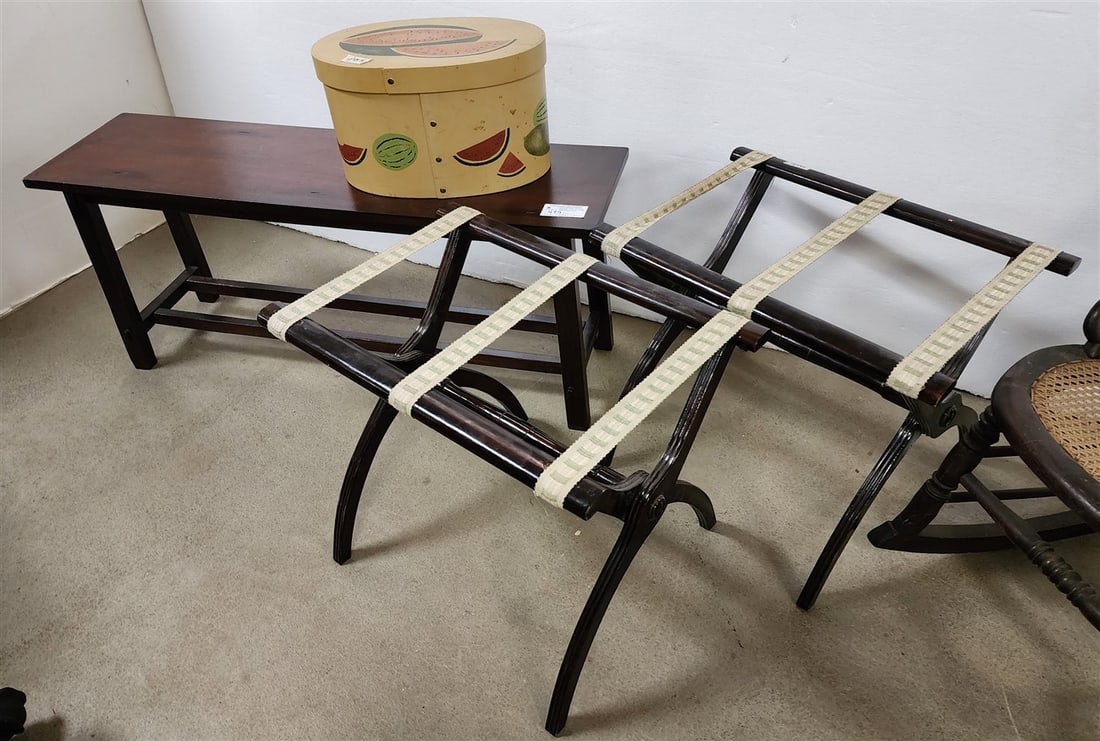 Mahogany Bench 18" H X 42" W X 12" D, 2 Luggage Racks, Decorative Wooden Box 8 1/2" H X 15" W X 9" D: Mahogany Bench 18" H X 42" W X 12" D, 2 Luggage Racks, Decorative Wooden Box 8 1/2" H X 15" W X 9" D