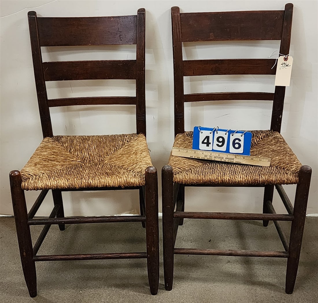 Pr. 19th C Ladderback Rush Seat Chairs 33 1/2" H X 16 1/2" W X 13 1/2" D (1 of 4)