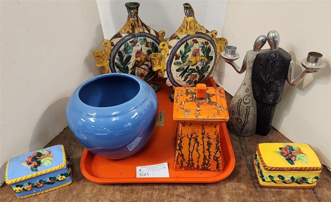 Tray Ceramics Incl. Czech Covered Jar 8" H X 4 1/4" Sq., Italian Bx's, Etc. (1 of 7)