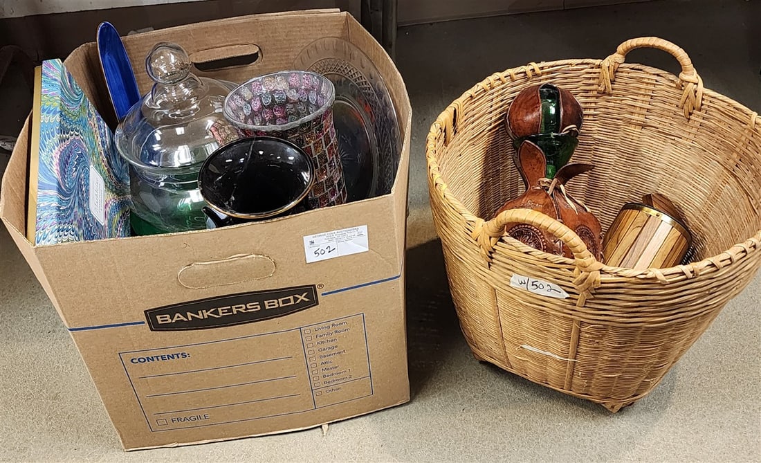 Bx Misc. Glassware - Bowls, Vases. Italian Leather Encased Decanter, Etc. (1 of 16)