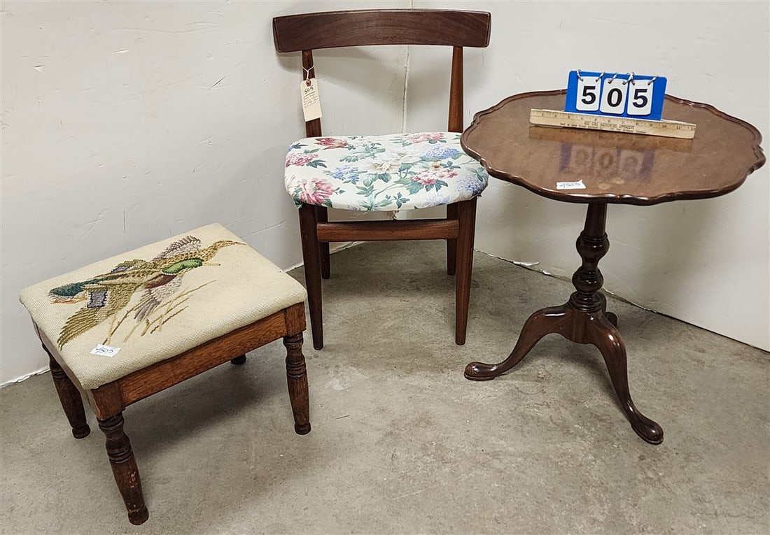 QA Style Mahogany Candlestand 23" H X 22" Diam., Danish Modern Chair Frem Rojll 28 1/2" H X 18" W X: QA Style Mahogany Candlestand 23" H X 22" Diam., Danish Modern Chair Frem Rojll 28 1/2" H X 18" W X 15" D + Needlepoint Top Foot Stool 14 1/2" H X 17" W X 14" D