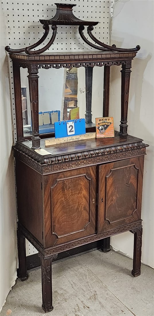 C1920 Chinese Chippendale Style Mahogany 2 Drawer Cabinet 57" H X 24" W X 13 1/2" D: C1920 Chinese Chippendale Style Mahogany 2 Drawer Cabinet 57" H X 24" W X 13 1/2" D