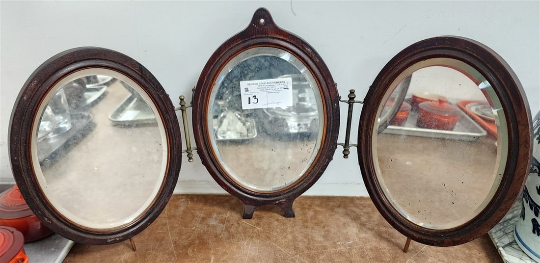 Vintage Mahogany Triptych Folding Dresser Mirror 12 1/2" H X 8 1/2" Diam. Ea. Mirror: Vintage Mahogany Triptych Folding Dresser Mirror 12 1/2" H X 8 1/2" Diam. Ea. Mirror