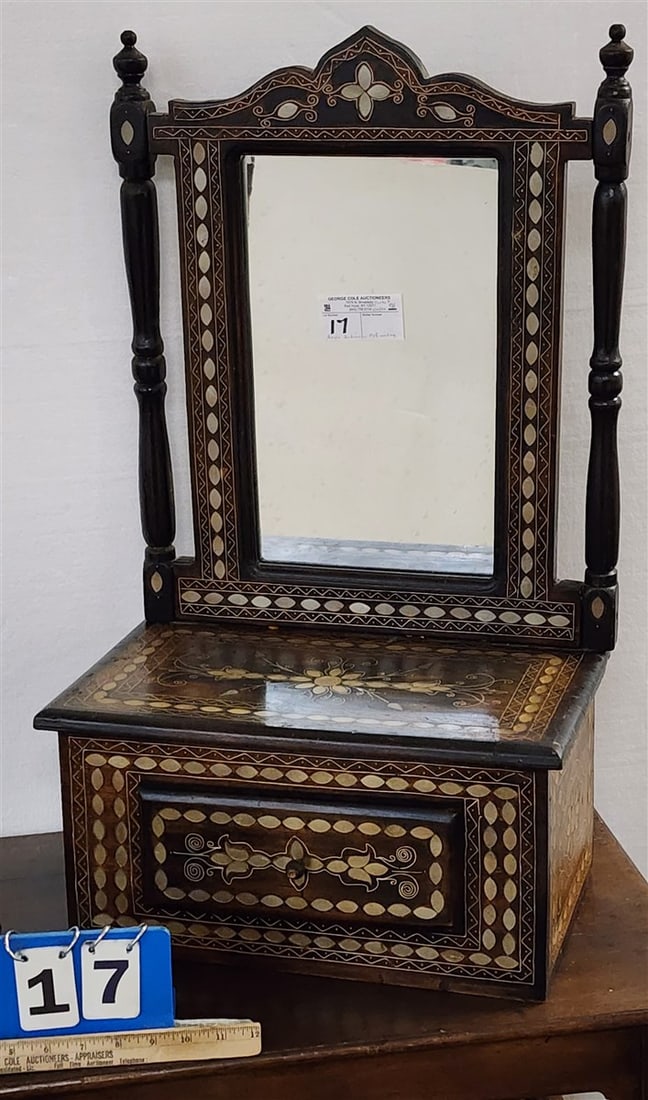 19th C Anglo Indian MOP Inlaid 1 Drawer Dressing Table Mirror 28 1/2" H X 16 1/2" W X 9 1/2" D (1 of 5)