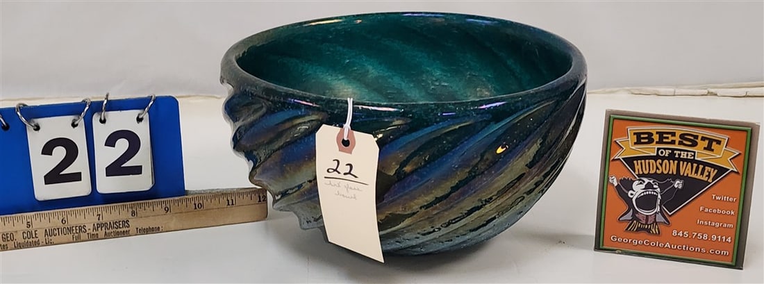 Blue-Green Iridescent Art Glass Swirl Bowl 6" H X 11" Diam.: Blue-Green Iridescent Art Glass Swirl Bowl 6" H X 11" Diam.