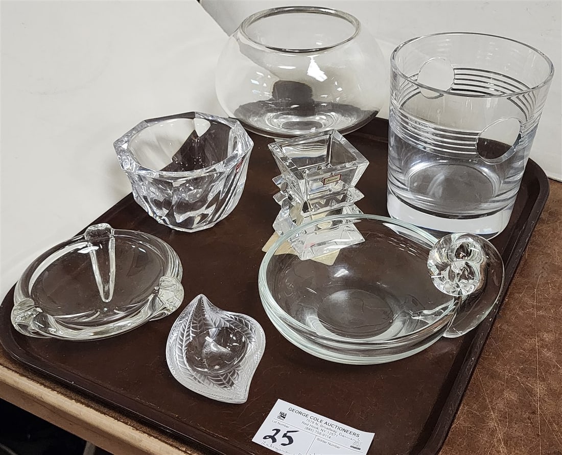 Tray Crystal - Stueben Footed Bowl (Tiny Chip On Base) 5 3/4" H X 7" Diam., Baccarat Colombine Vase,: Tray Crystal - Stueben Footed Bowl (Tiny Chip On Base) 5 3/4" H X 7" Diam., Baccarat Colombine Vase, Lalique Crystal Eye Jewelry Tray, Christofle