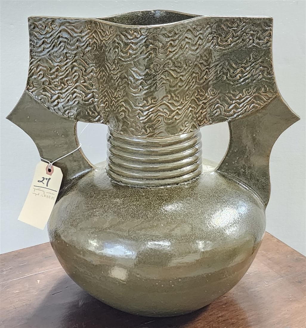 Glazed Pottery Vase Sgnd Lebb '89 17" H X 16" Diam.: Glazed Pottery Vase Sgnd Lebb '89 17" H X 16" Diam.