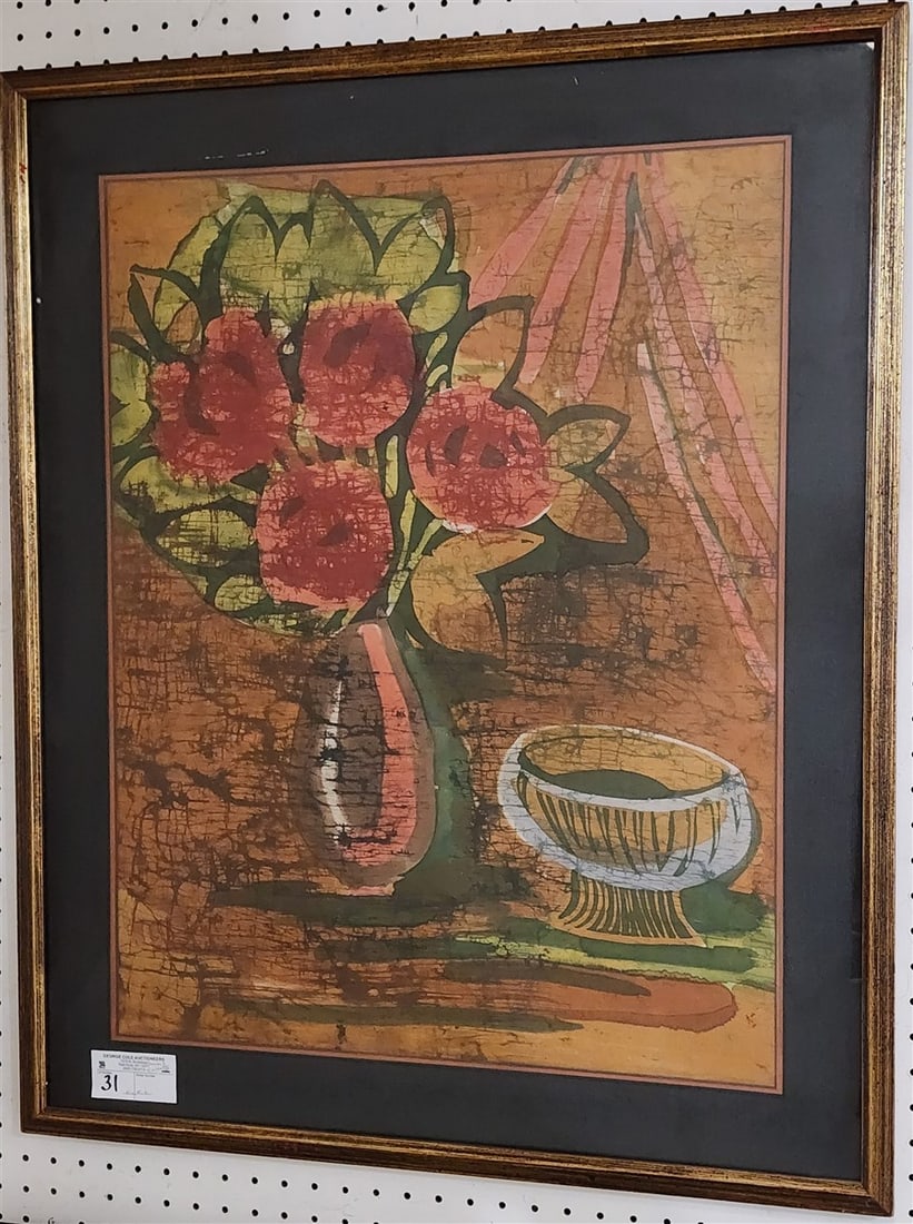 Framed Batik 26 1/2" X 20 1/2" w/Frame 33" X 27": Framed Batik 26 1/2" X 20 1/2" w/Frame 33" X 27"
