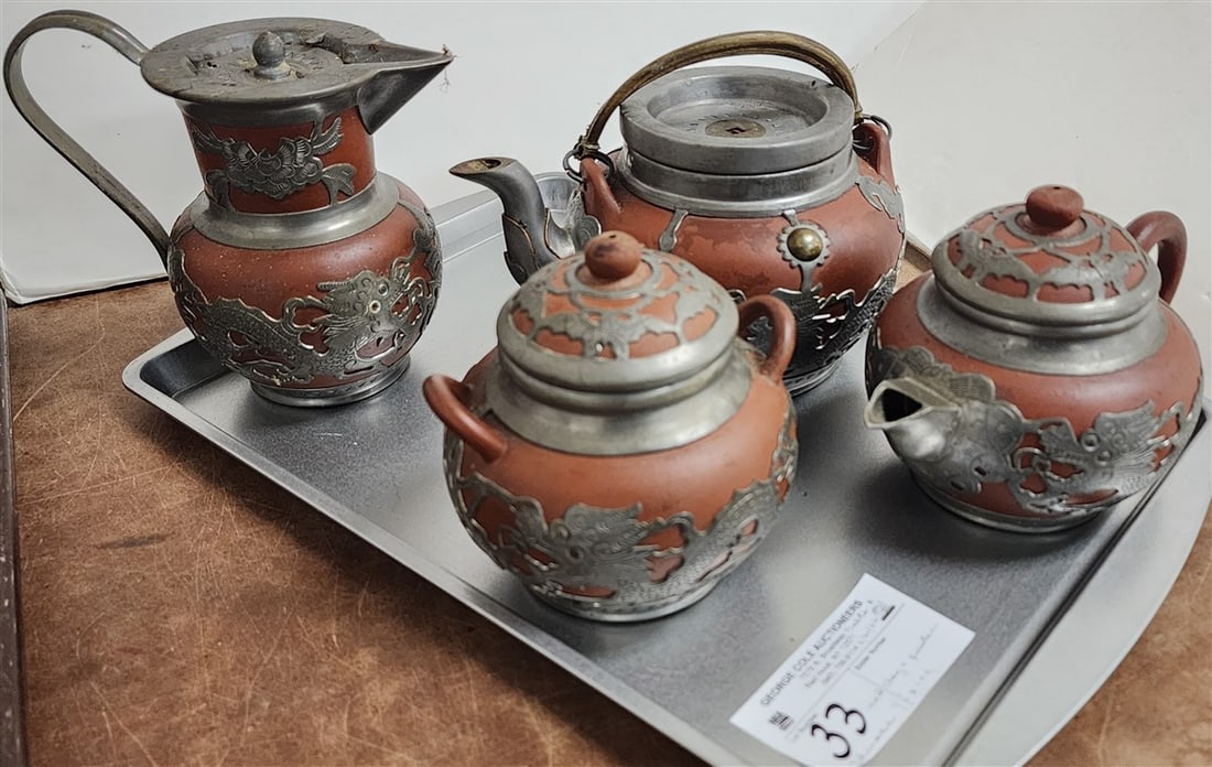 Tray Chinese Yixing Red Clay Teapots & Covered Sugar Incased In Decorative Pewter: Tray Chinese Yixing Red Clay Teapots & Covered Sugar Incased In Decorative Pewter