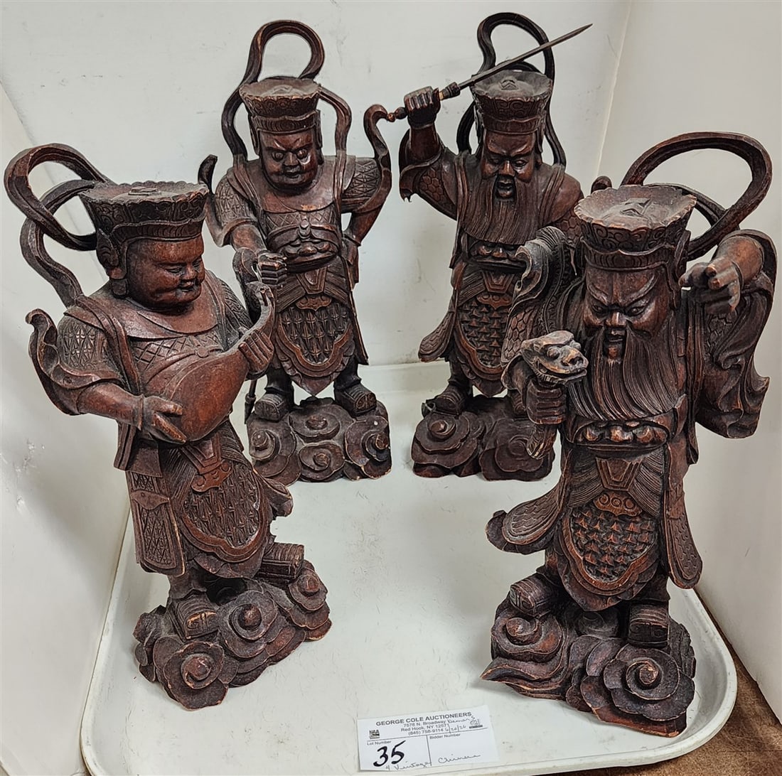 Lot 4 Vintage Chinese Carved Wooden Figures - (2) 11 1/2" + (2) 12": Lot 4 Vintage Chinese Carved Wooden Figures - (2) 11 1/2" + (2) 12"