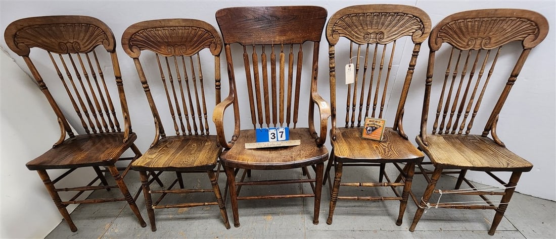 Set 4 Vintage Oak Spindle Back Chairs 40 1/2" H X 16 1/2" W X 15" D + Oak Armchair 40" H X 22" W X: Set 4 Vintage Oak Spindle Back Chairs 40 1/2" H X 16 1/2" W X 15" D + Oak Armchair 40" H X 22" W X 18" D