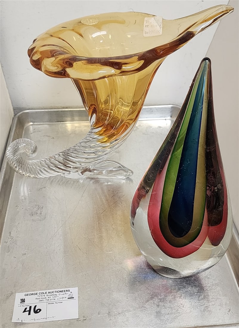 Tray 2 Pcs. Murano Glass - Cornucopia 10" H X 12" W X 7" D + Teardrop Sculpture By Flavio Poly (1 of 2)