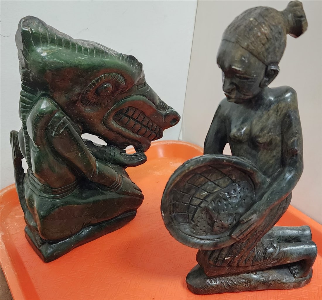 Tray 2 Green Hard Stone Figures - 1 Mythical Creature 8 1/2" H X 7" W + Kneeling Woman 9" H X 5" W (1 of 6)