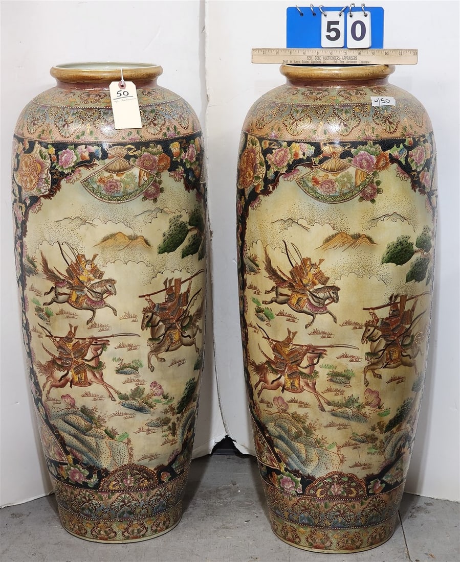 Pr. Large Japanese Satsuma Vases 36" H X 14" Diam. (1 of 4)