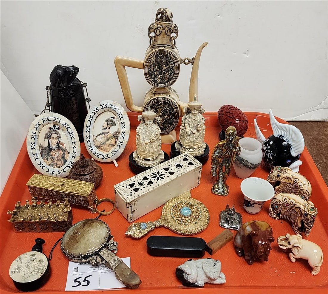Tray Asian Smalls -Pr. Inlaid Bone Framed Indo Portraits, Carved Horn Case, Carved Bone Teapot, (1 of 8)