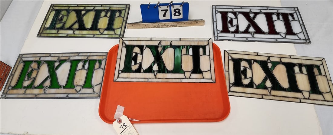 Lot 5 Leaded Glass Exit Signs By George Donskoj (Made For The Bearsville Rec Center) 7 1/4" X 13 (1 of 2)