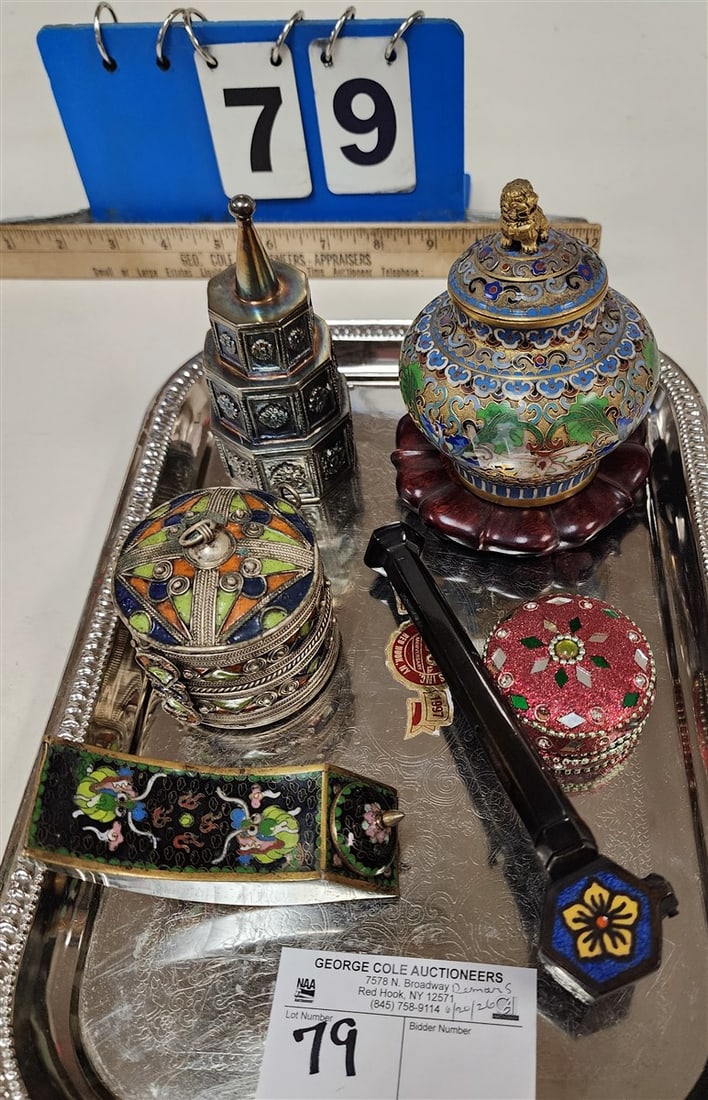Tray Asian Items - Cloisonne Covered Urn w/Stand 4 1/4", Cloisonne Snuff Box 2" H X 3 3/4" L, Berber (1 of 6)