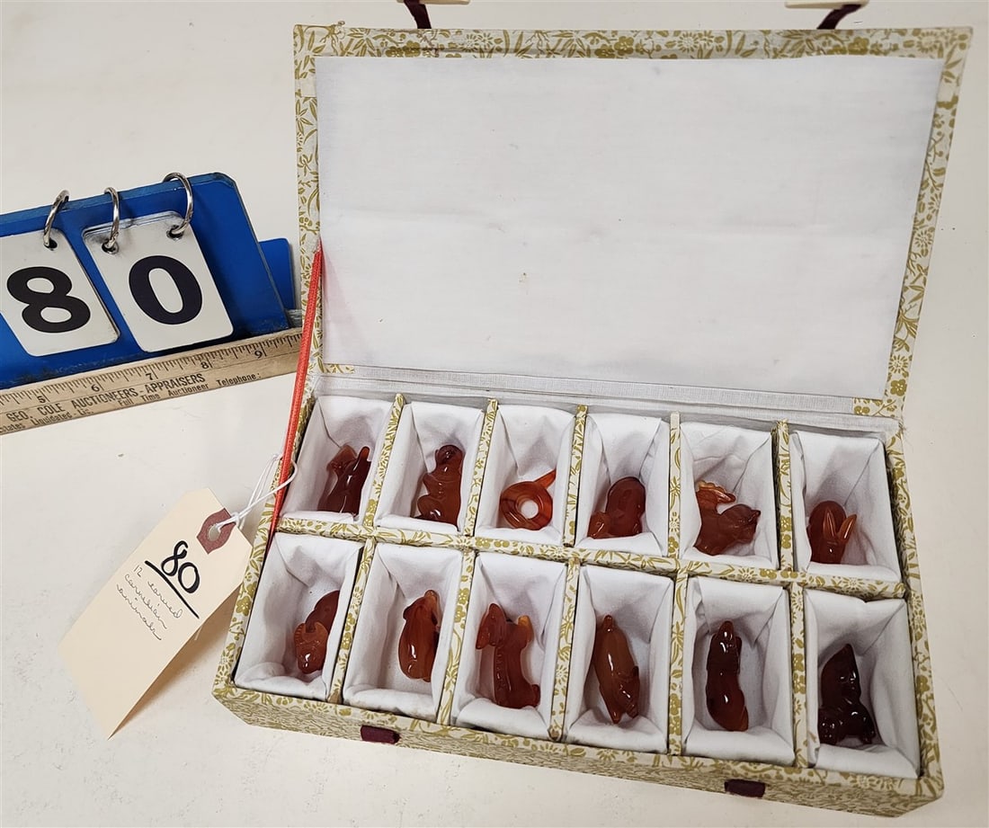 Bx'd Set Of 12 Chinese Carved Carnelian Animals (1 of 6)