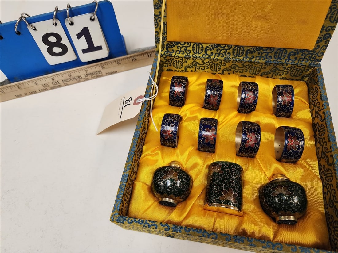 Bx'd Set Of 8 Cloisonne Napkin Rings, Salt & Pep + Toothpick Holder (1 of 3)