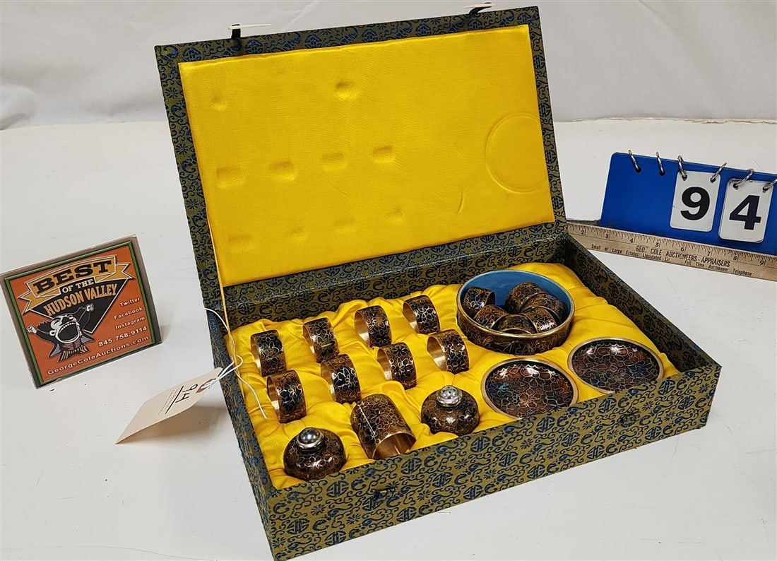 Bx'd Chinese 20 Pc. Set- Cloisonne Napkin Rings, Salt/Pep, Toothpick Holder, Wine Caddy, Etc. (1 of 4)