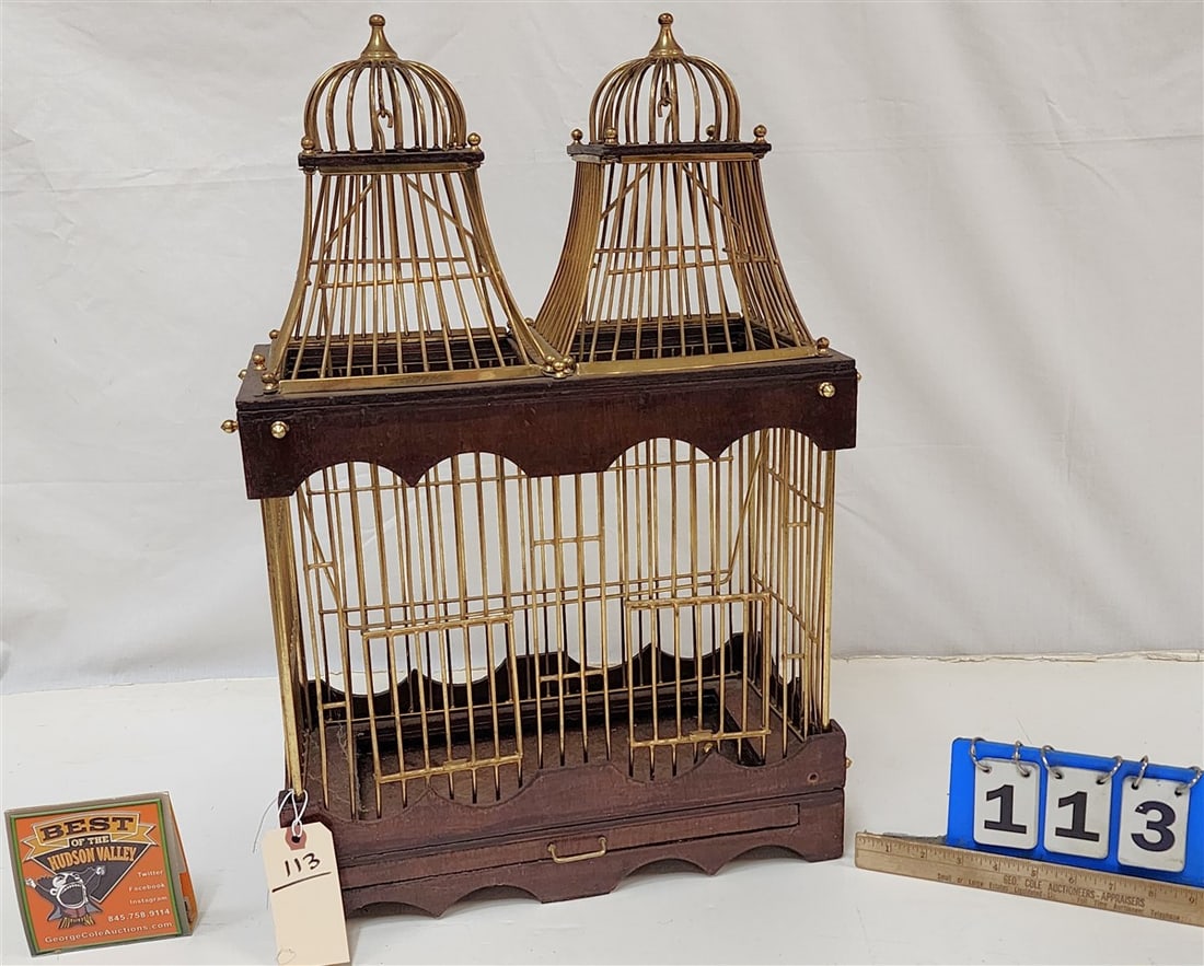Brass & Wood Birdcage 2' H X 16" W X 8" D: Brass & Wood Birdcage 2' H X 16" W X 8" D