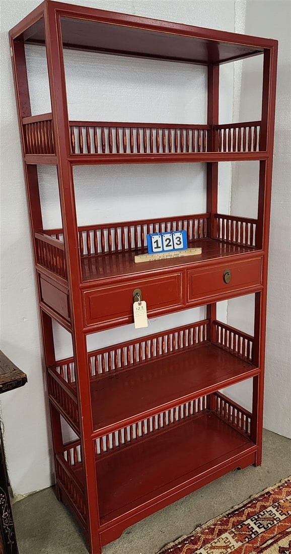 Chinese Red Lacquer Ming Style 4 Tier, 2 Drawer Bookcase 75" H X 35 1/2" W X 15 3/4" D (1 of 3)