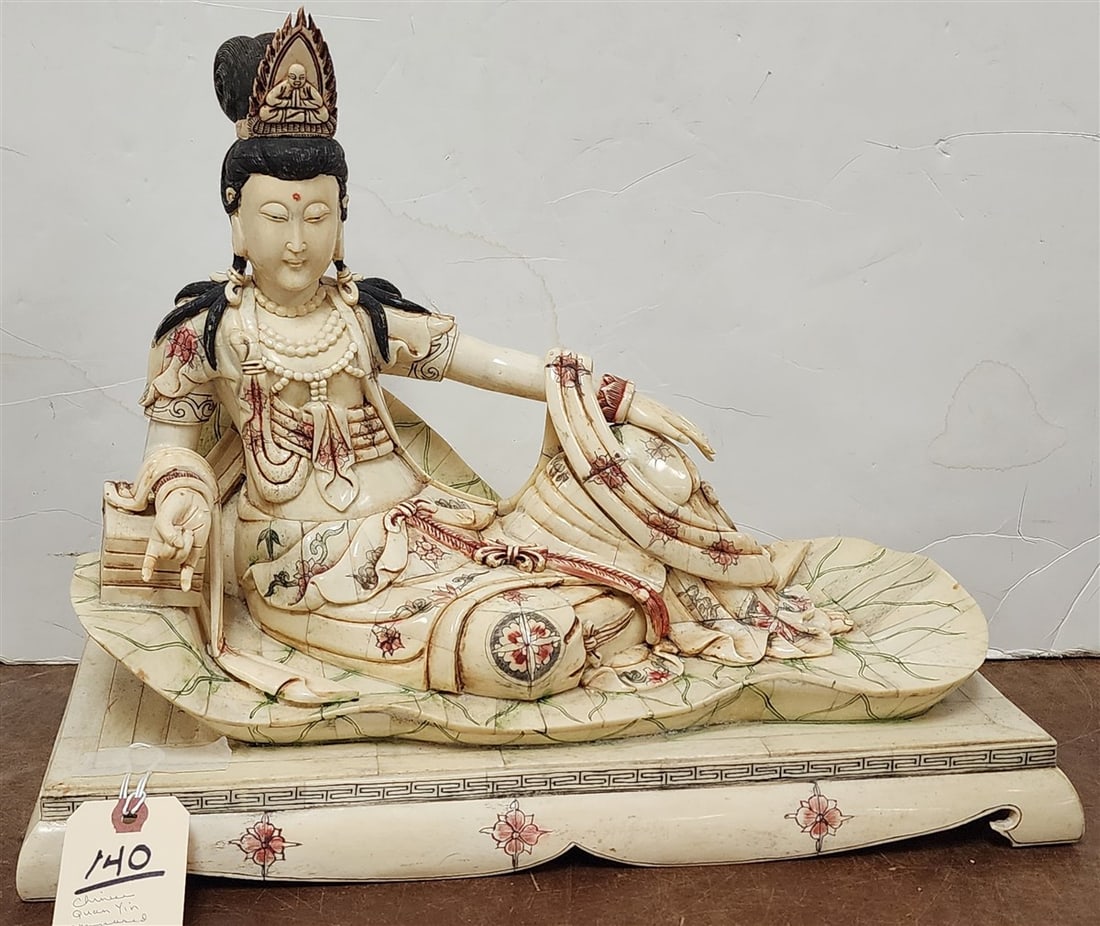 Chinese Reclining Guanyan Made Of Bone & Bone Tiles 14" H X 17 1/2" W X 7 1/2" D: Chinese Reclining Guanyan Made Of Bone & Bone Tiles 14" H X 17 1/2" W X 7 1/2" D
