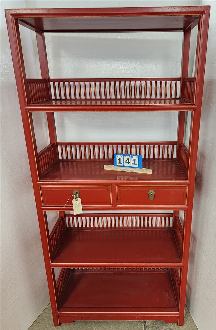 Chinese Red Lacquer Ming Style 4 Tier, 2 Drawer Bookcase 75" H X 35 1/2" W X 15 3/4" D (1 of 3)