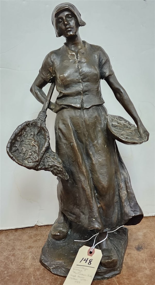 Vintage Bronze 'The Fisher Lady' Sgnd Hans Muller 18" H: Vintage Bronze 'The Fisher Lady' Sgnd Hans Muller 18" H