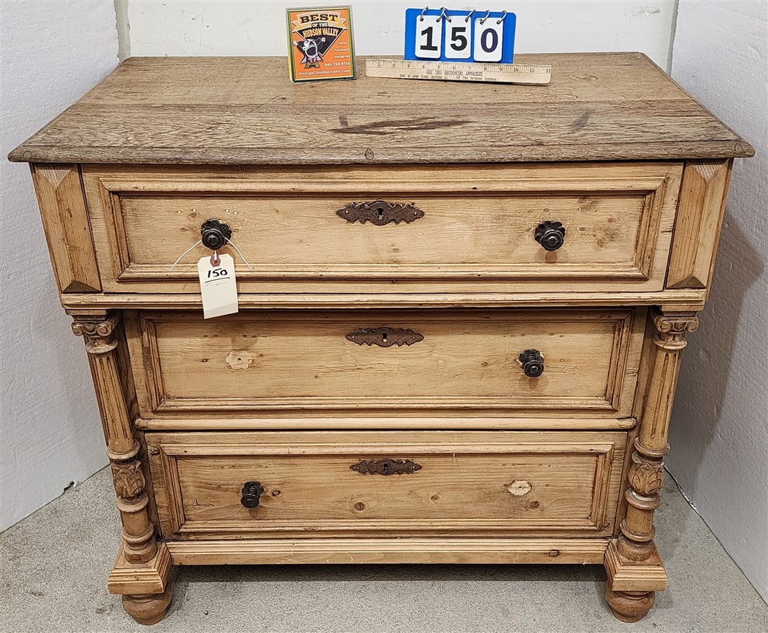 19th C Pine 3 Drawer Chest 34" H X 37 1/2" W X 22" D (1 of 2)