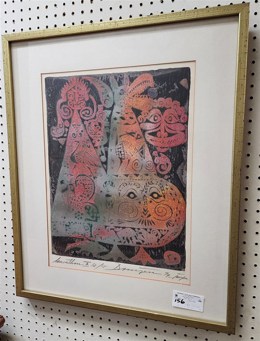 Framed Color Woodcut On Paper 'Marathon 3' Sgnd Domjan 1979 (12/15) 20 1/4" X 15" w/Frame 28" X 23": Framed Color Woodcut On Paper 'Marathon 3' Sgnd Domjan 1979 (12/15) 20 1/4" X 15" w/Frame 28" X 23"
