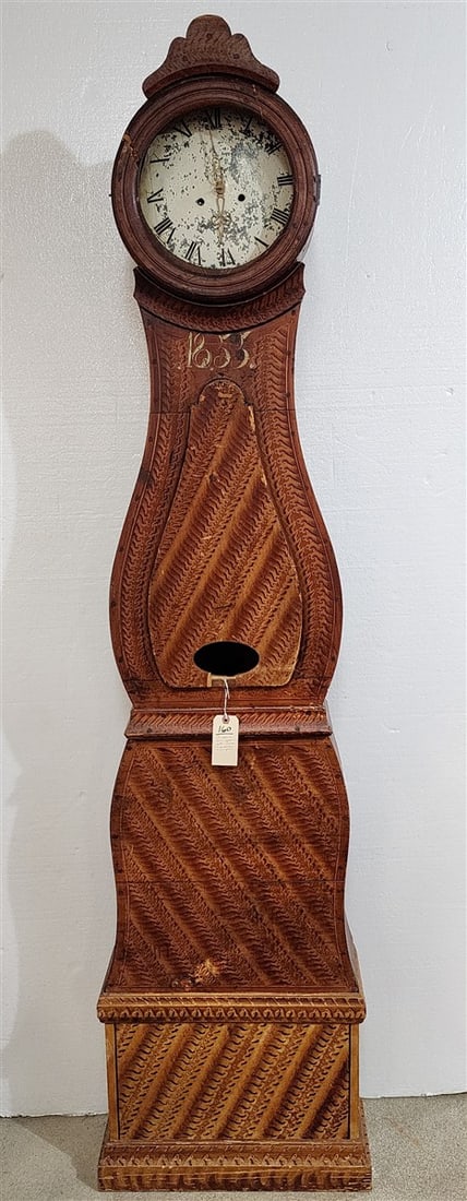 19th C Swedish Grain Ptd. Mora Clock Dated 1855 (No Pendulum Or Weights) 7'2" H X 21 1/2" X 8" D: 19th C Swedish Grain Ptd. Mora Clock Dated 1855 (No Pendulum Or Weights) 7'2" H X 21 1/2" X 8" D