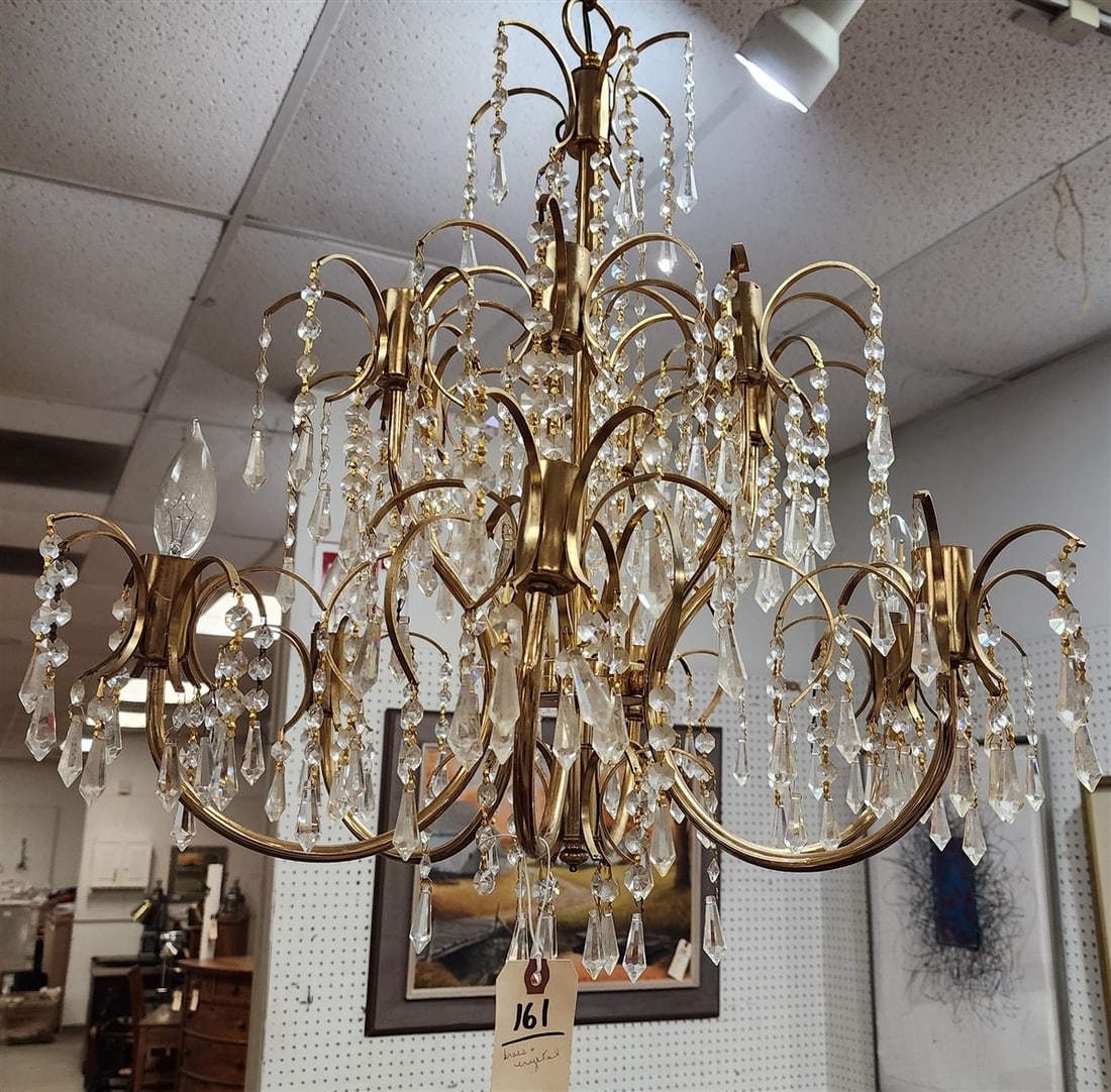 Brass 12 Arm Chandelier w/Crystals 24" H X 24" Diam.: Brass 12 Arm Chandelier w/Crystals 24" H X 24" Diam.