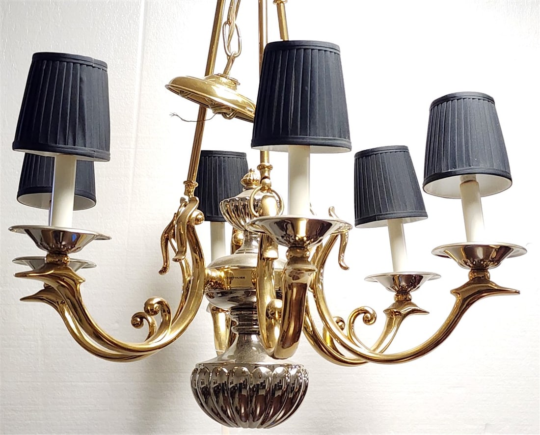 6 Arm Brass & Steel Chandelier 32" X 26" (1 of 3)