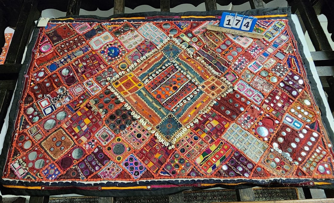 Banjara Style Indian Patchwork Wall Hanging w/Mirrors, Beads, Puka Shells, Etc. 40" X 58" (1 of 2)