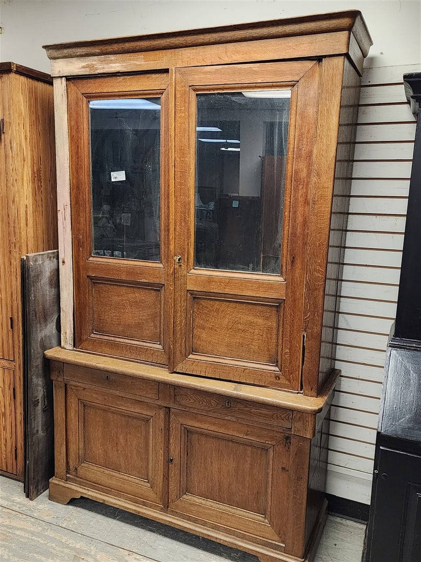 19th C Oak 4 Door 2 Drawer Cabinet 7' H X 25" W X 17" D: 19th C Oak 4 Door 2 Drawer Cabinet 7' H X 25" W X 17" D