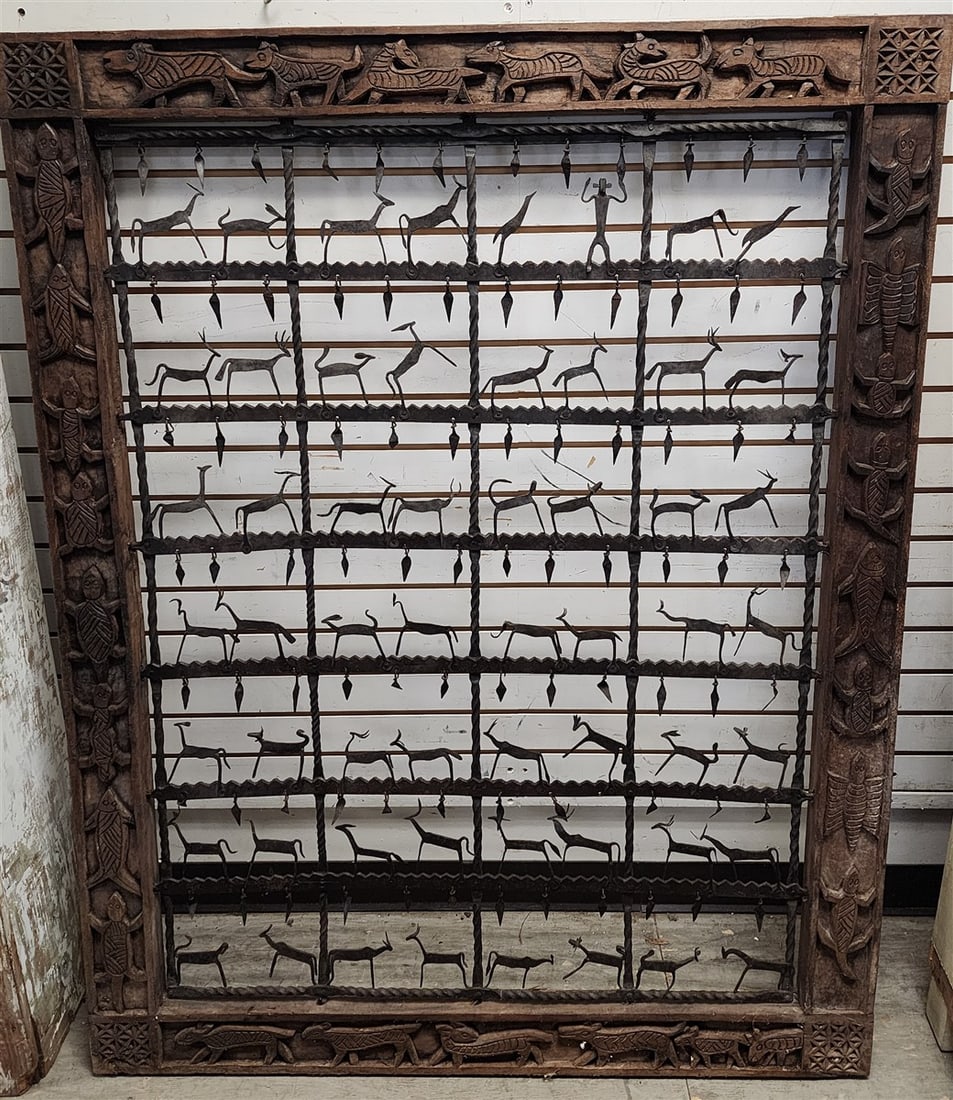 Indian Carved Wood Framed Hand Forged Iron Jali Panel Featuring Silhouettes Of Animals + People 57": Indian Carved Wood Framed Hand Forged Iron Jali Panel Featuring Silhouettes Of Animals + People 57" X 45"