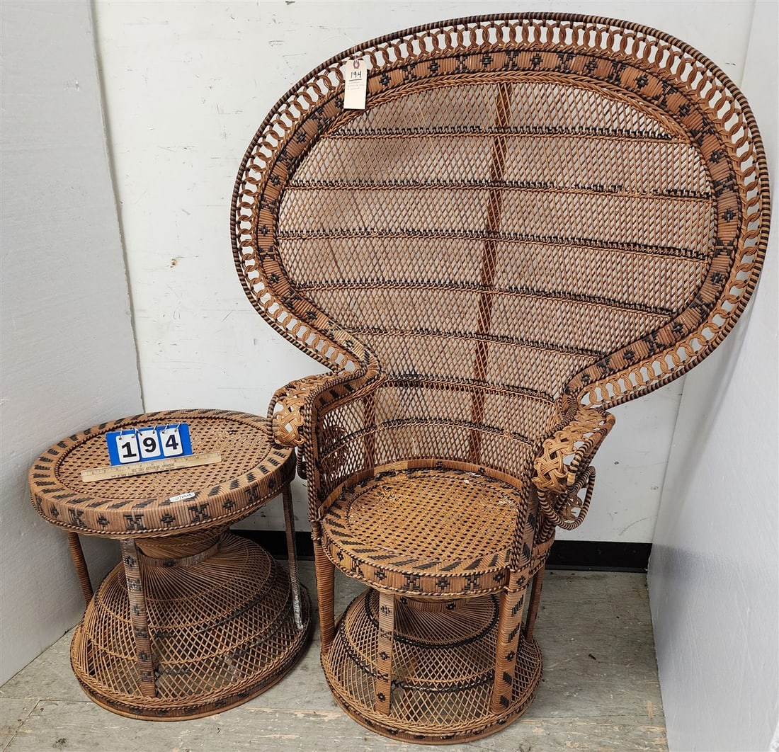 Wicker Peacock Chair 57 1/2" H X 44" W X 20" D + Wicker Stand 22 1/2" H X 24" Diam.: Wicker Peacock Chair 57 1/2" H X 44" W X 20" D + Wicker Stand 22 1/2" H X 24" Diam.
