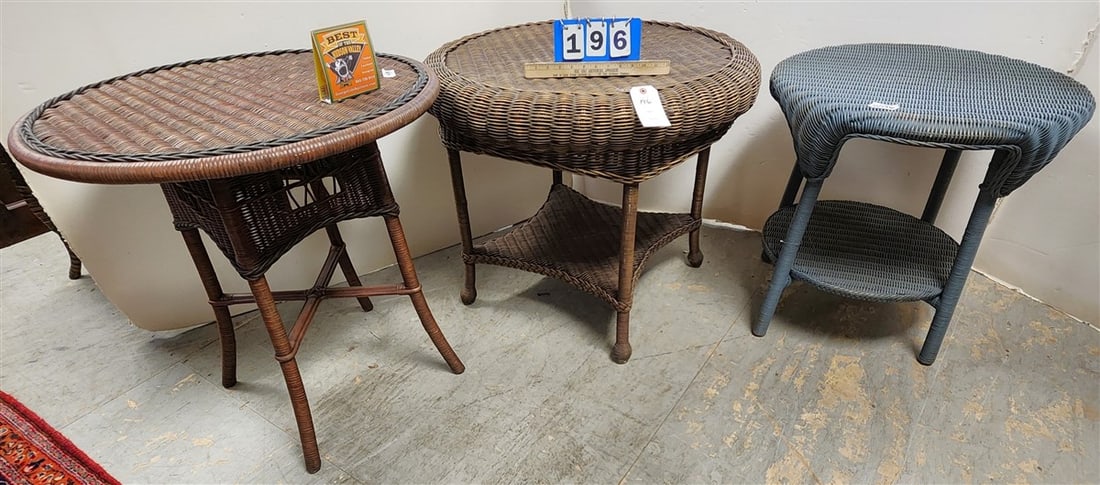 Lot 3 Round Wicker Tables 28" H X 28" Diam., 27" H X 32" Diam. + 25" H X 25" Diam. (1 of 2)