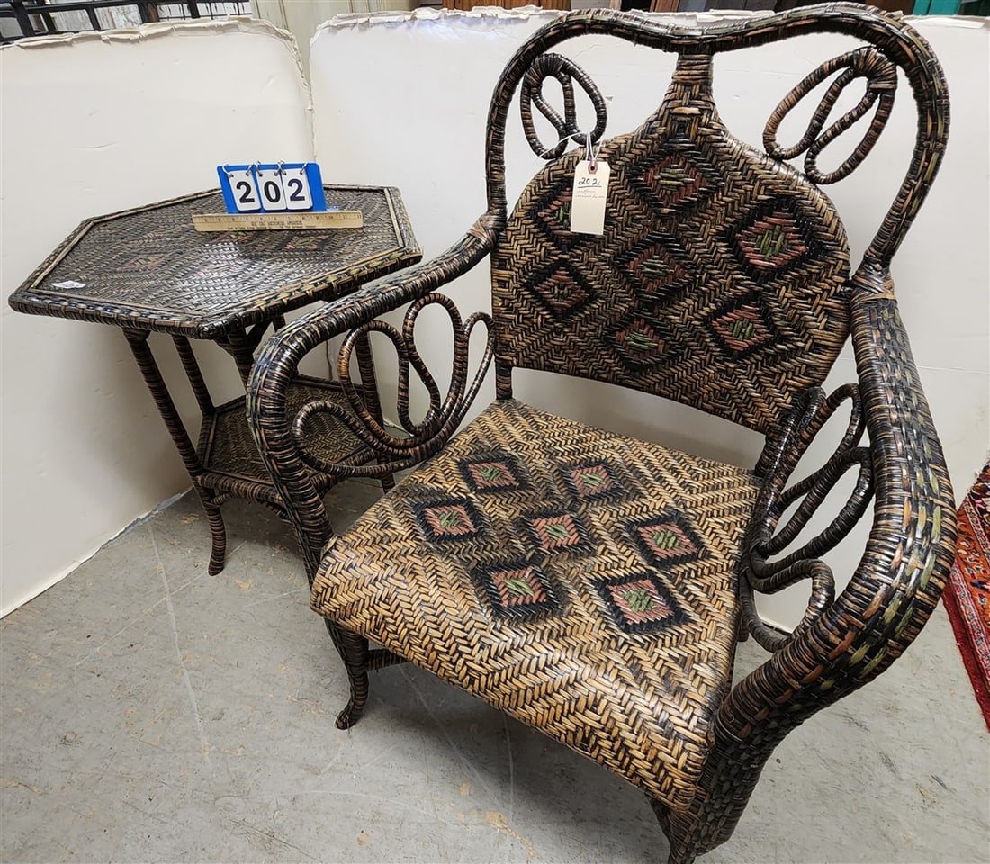 Rattan Armchair 39" H X 28 1/2" W X 18" D w/Table 27 1/2" H X 28" Diam.: Rattan Armchair 39" H X 28 1/2" W X 18" D w/Table 27 1/2" H X 28" Diam.
