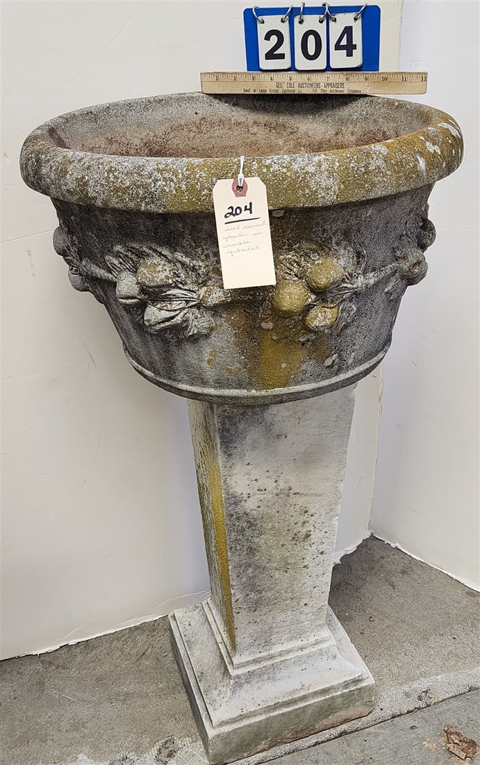 Cast Cement Planter 12" H X 20" Diam. On Marble Ped. 24" H X 11" Sq.: Cast Cement Planter 12" H X 20" Diam. On Marble Ped. 24" H X 11" Sq.