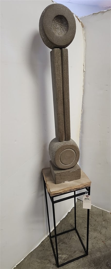 Stone Sculpture Sgnd Epstein 31" H X 6" Sq. On Wrought Base w/Sandstone Top 25 1/2" H X 9" Sq.: Stone Sculpture Sgnd Epstein 31" H X 6" Sq. On Wrought Base w/Sandstone Top 25 1/2" H X 9" Sq.