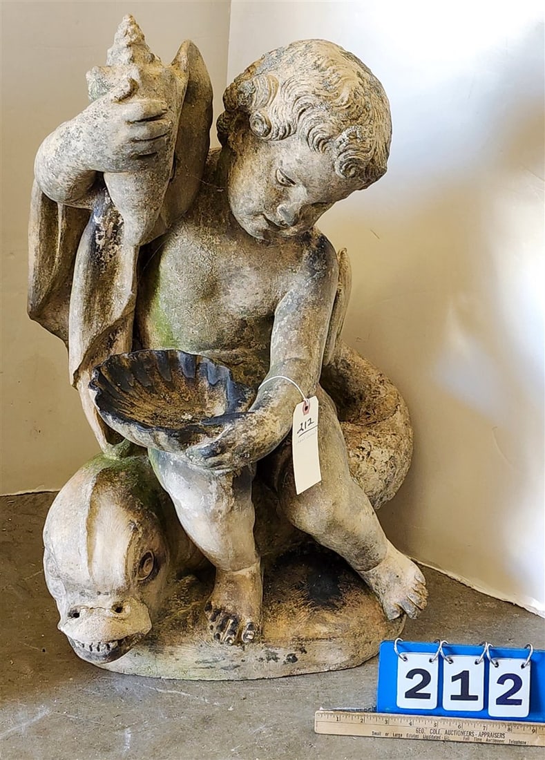 Vintage Cast Cement Garden Sculpture Of A Putti Riding A Sea Creature 29" H X 20" W: Vintage Cast Cement Garden Sculpture Of A Putti Riding A Sea Creature 29" H X 20" W