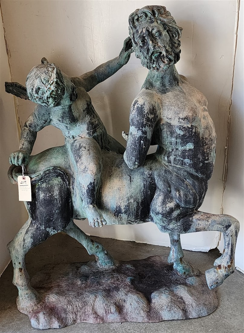 Vintage Cast Bronze Neoclassical Scultpure Of A Centaur & Cherub 46" H X 3' L X 24" D: Vintage Cast Bronze Neoclassical Scultpure Of A Centaur & Cherub 46" H X 3' L X 24" D