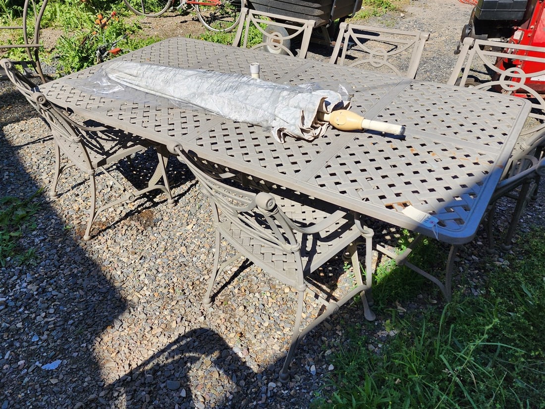 Metal Patio Table 85" L X 42 1/2" W w/Umbrella + 6 Chairs: Metal Patio Table 85" L X 42 1/2" W w/Umbrella + 6 Chairs