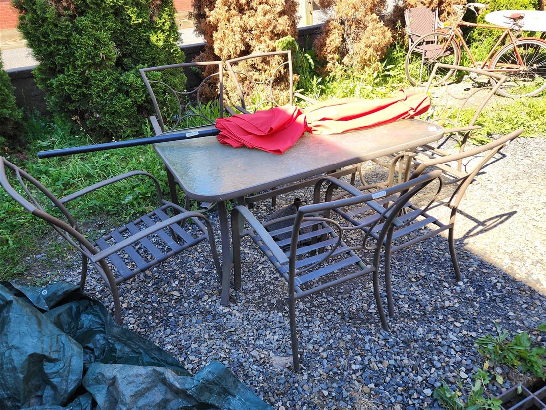 Metal Base Glass Top Patio Table 62" L X 38" W w/Umbrella + 6 Chairs (1 of 2)