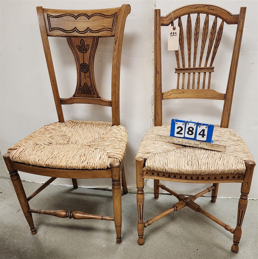 Lot 2 French Rush Seat Chairs - Wheat Back 28" H X 18 1/2" W X 18 1/2" D + Carved Splat 29" H X 20: Lot 2 French Rush Seat Chairs - Wheat Back 28" H X 18 1/2" W X 18 1/2" D + Carved Splat 29" H X 20 1/2" W X 18" D